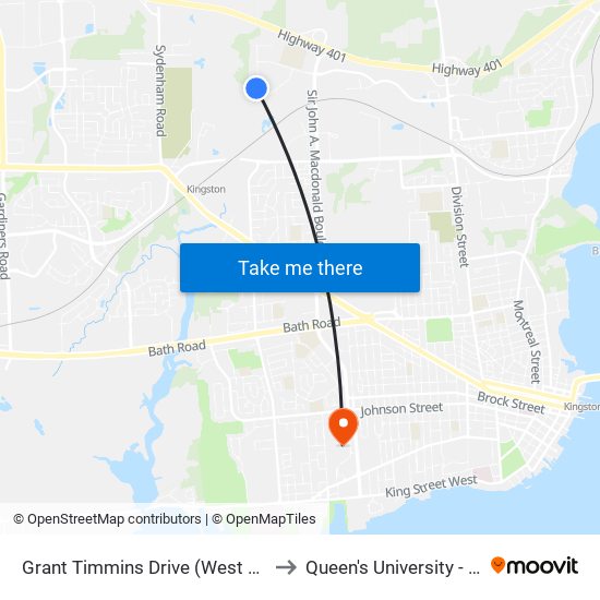 Binnington / Grant Timmins to Queen's University - West Campus map