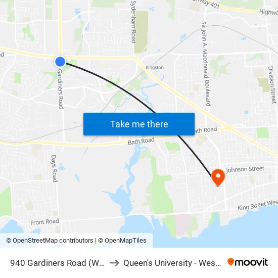 940 Gardiners Rd. to Queen's University - West Campus map