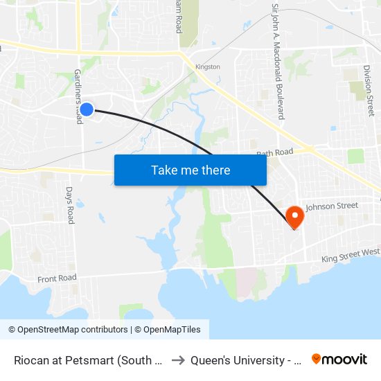 Riocan at Petsmart (South Side Of Driveway) to Queen's University - West Campus map