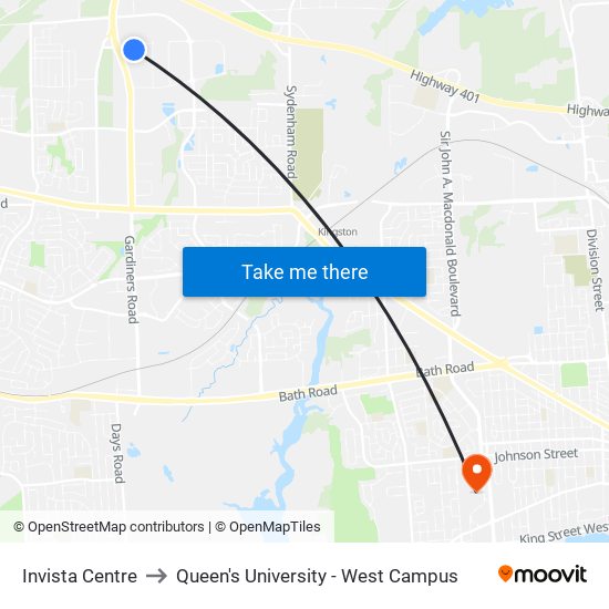 Invista Centre to Queen's University - West Campus map