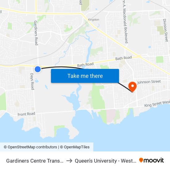 Gardiners Centre Transfer Point to Queen's University - West Campus map