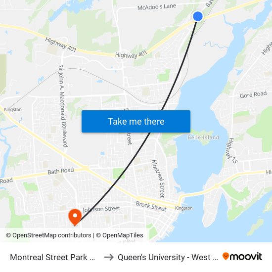 Montreal Street Park And Ride to Queen's University - West Campus map