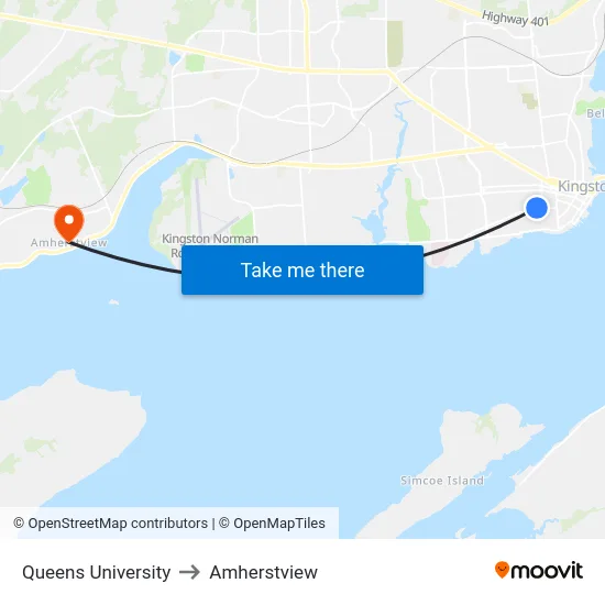Queens University to Amherstview map