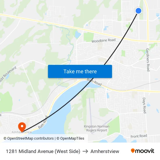 1281 Midland Ave. to Amherstview map