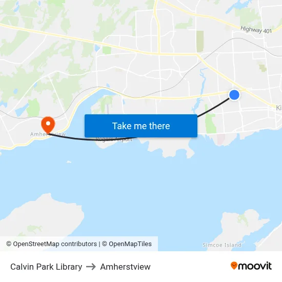 Calvin Park Library to Amherstview map