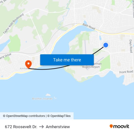 672 Roosevelt Dr. to Amherstview map