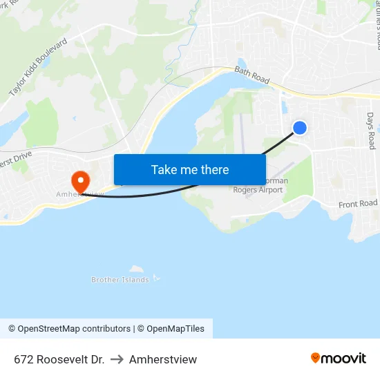 672 Roosevelt Dr. to Amherstview map
