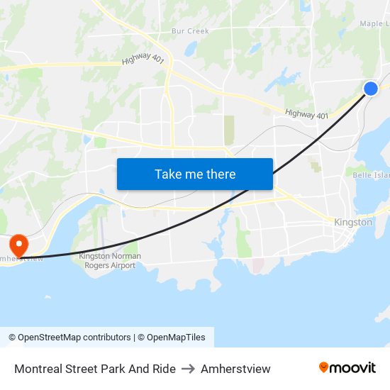 Montreal Street Park And Ride to Amherstview map