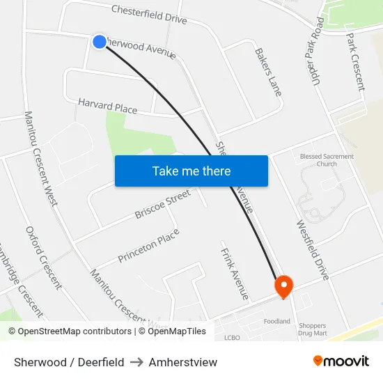 Sherwood / Deerfield to Amherstview map