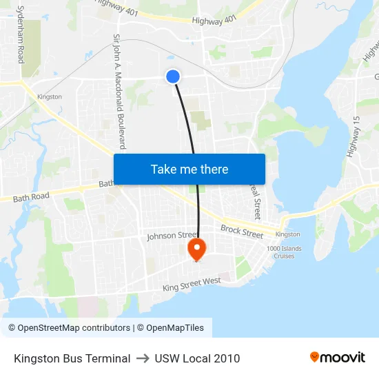 Kingston Bus Terminal to USW Local 2010 map