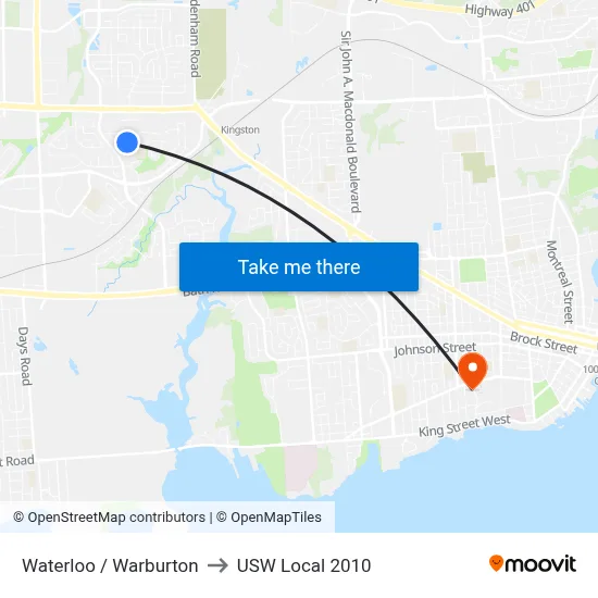 Waterloo / Warburton to USW Local 2010 map