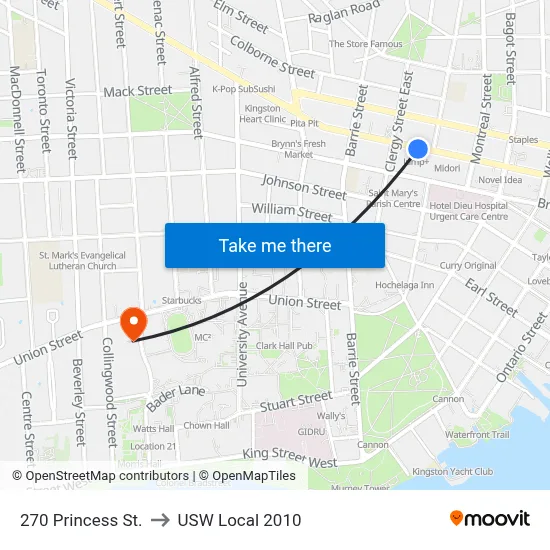 270 Princess St. to USW Local 2010 map