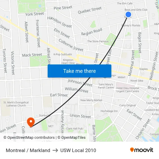 Montreal / Markland to USW Local 2010 map