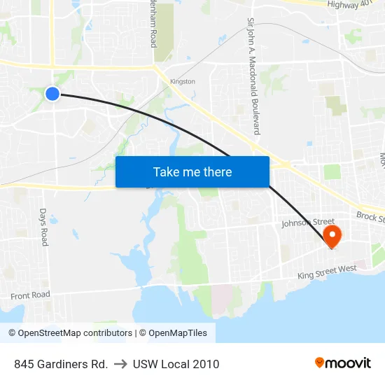 845 Gardiners Rd. to USW Local 2010 map