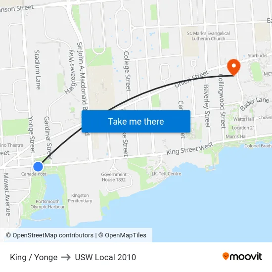 King / Yonge to USW Local 2010 map