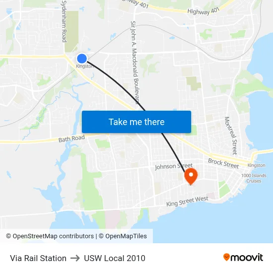 Via Rail Station to USW Local 2010 map