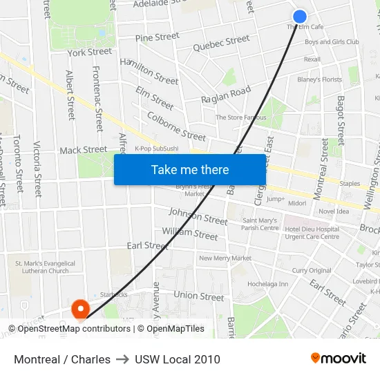 Montreal / Charles to USW Local 2010 map