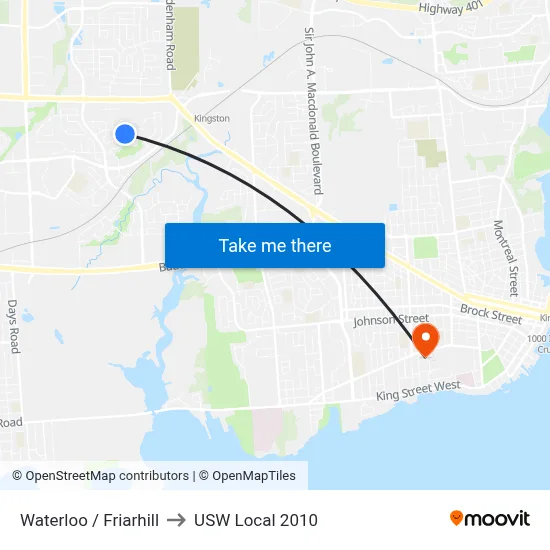 Waterloo / Friarhill to USW Local 2010 map