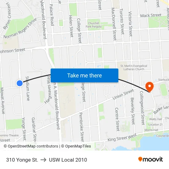 310 Yonge St. to USW Local 2010 map