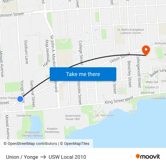 Union / Yonge to USW Local 2010 map