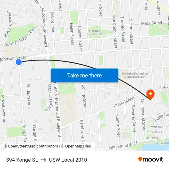 394 Yonge St. to USW Local 2010 map