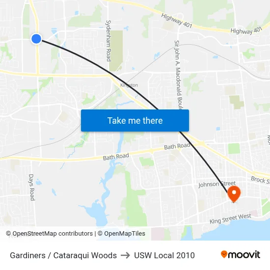 Gardiners / Cataraqui Woods to USW Local 2010 map