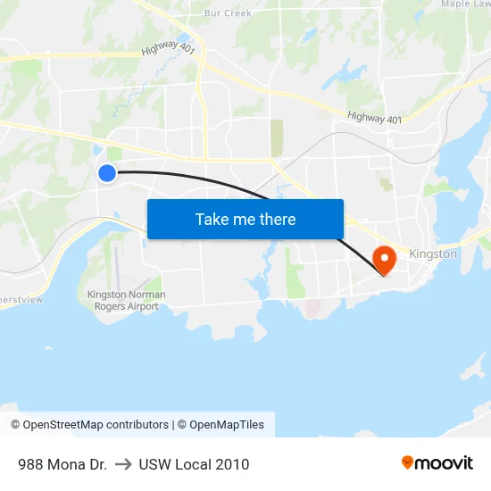 988 Mona Dr. to USW Local 2010 map