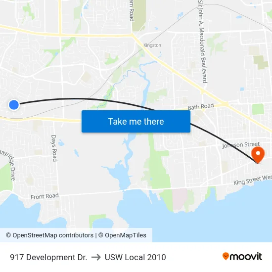 917 Development Dr. to USW Local 2010 map