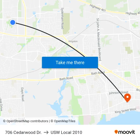 706 Cedarwood Dr. to USW Local 2010 map