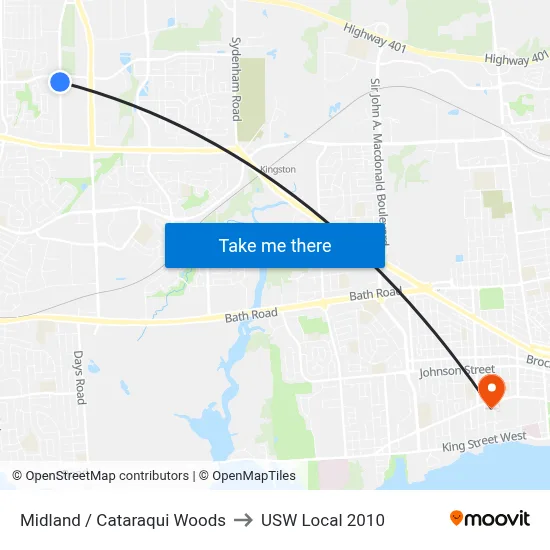 Midland / Cataraqui Woods to USW Local 2010 map