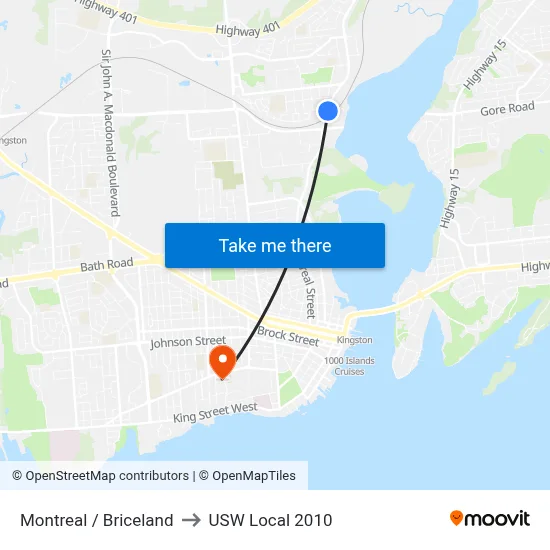 Montreal / Briceland to USW Local 2010 map
