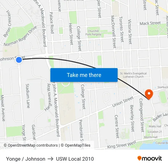 Yonge / Johnson to USW Local 2010 map