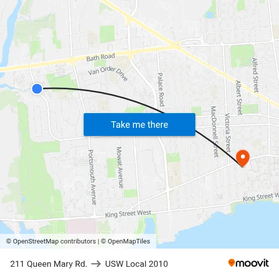 211 Queen Mary Rd. to USW Local 2010 map