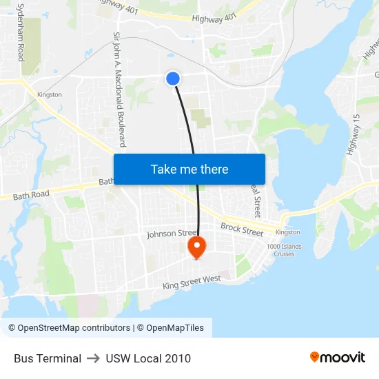 Bus Terminal to USW Local 2010 map