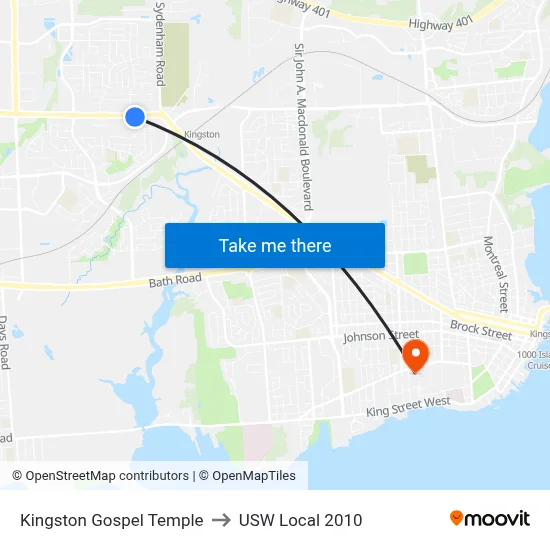 Kingston Gospel Temple to USW Local 2010 map