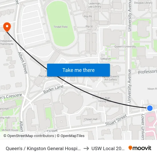 Queen's / Kingston General Hospital to USW Local 2010 map