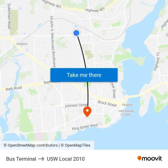 Bus Terminal to USW Local 2010 map