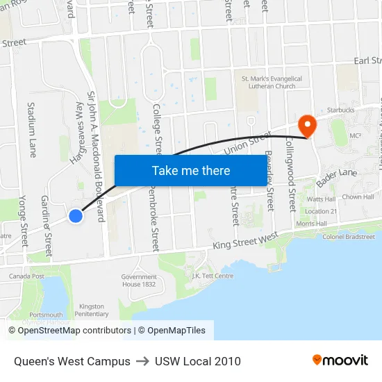 Queen's West Campus to USW Local 2010 map