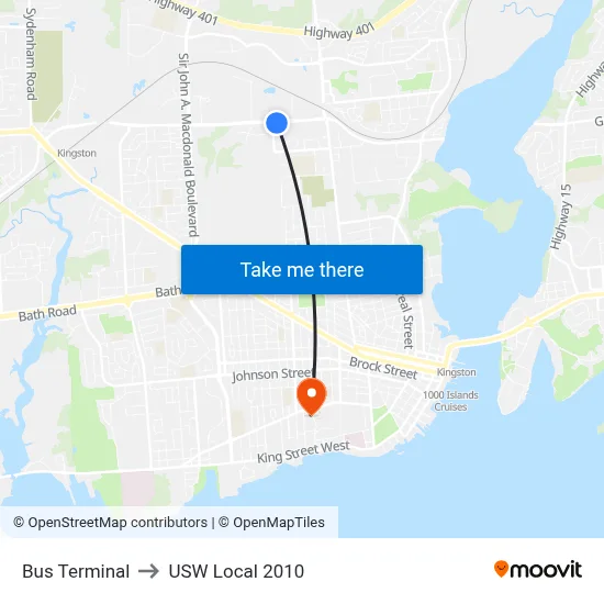 Bus Terminal to USW Local 2010 map
