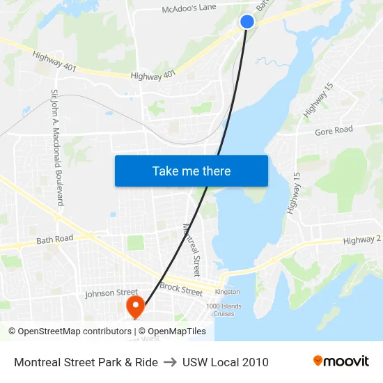 Montreal Street Park & Ride to USW Local 2010 map