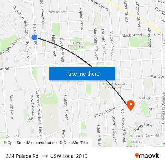 324 Palace Rd. to USW Local 2010 map