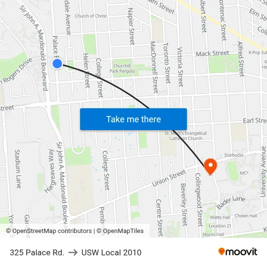 325 Palace Rd. to USW Local 2010 map