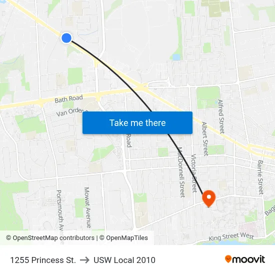 1255 Princess St. to USW Local 2010 map