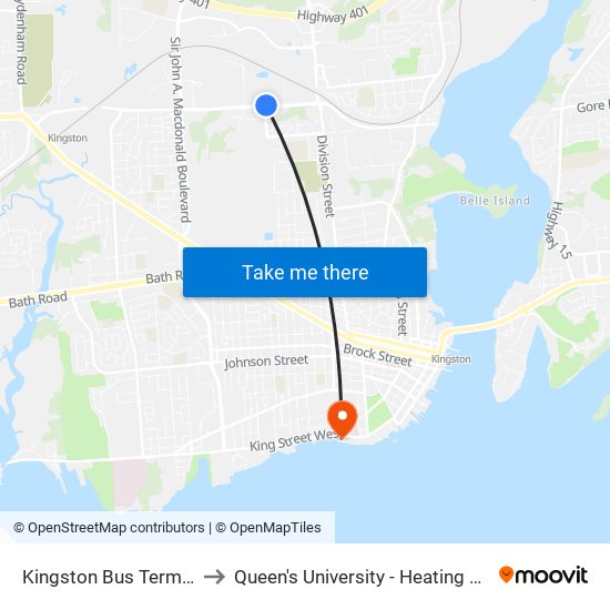 Kingston Bus Terminal to Queen's University - Heating Plant map