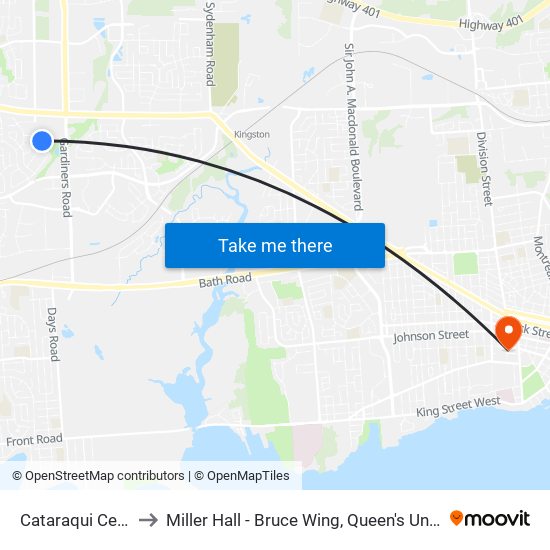 Cataraqui Centre Transfer Point Platform 6 to Miller Hall - Bruce Wing, Queen's University map