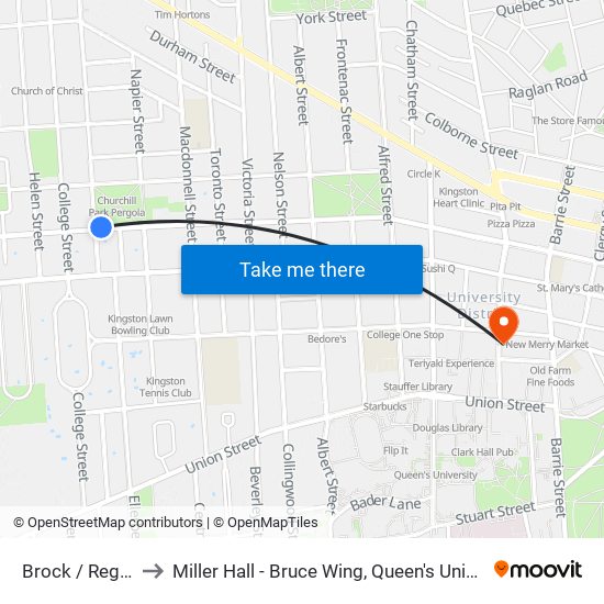 Brock / Regent to Miller Hall - Bruce Wing, Queen's University map