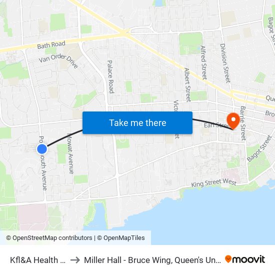 Kfl&A Health Unit to Miller Hall - Bruce Wing, Queen's University map