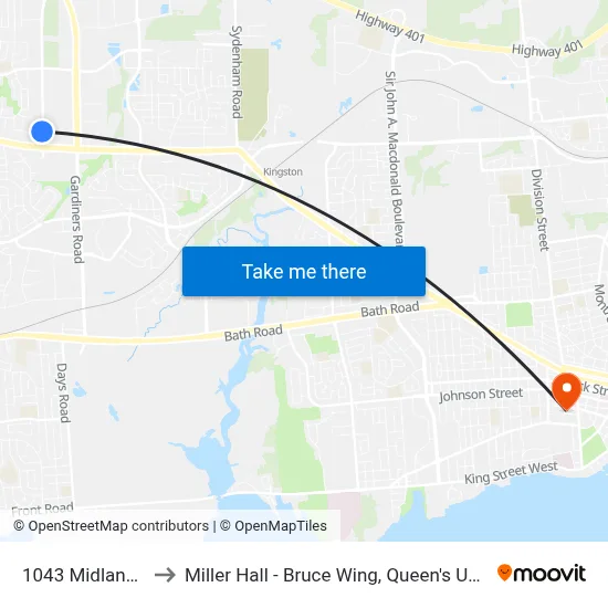 1043 Midland Av. to Miller Hall - Bruce Wing, Queen's University map