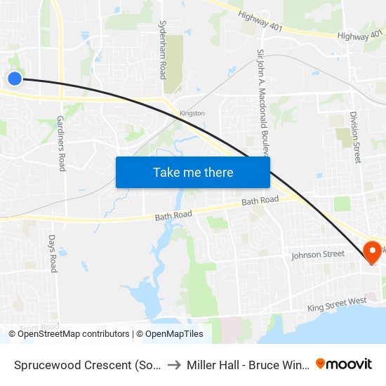 Sprucewood Crescent (South Side Of Cedarwood) to Miller Hall - Bruce Wing, Queen's University map