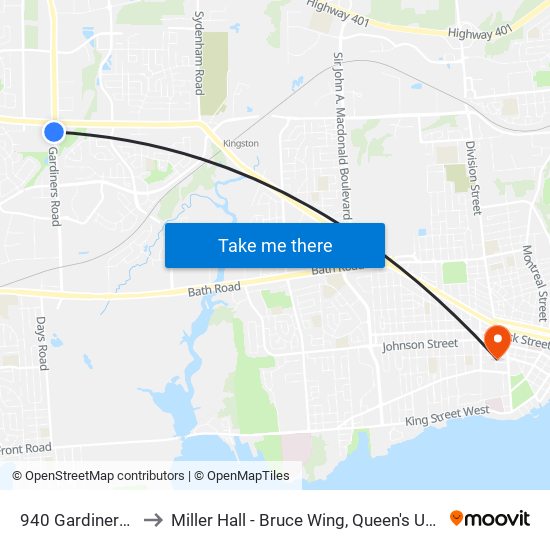 940 Gardiners Rd. to Miller Hall - Bruce Wing, Queen's University map